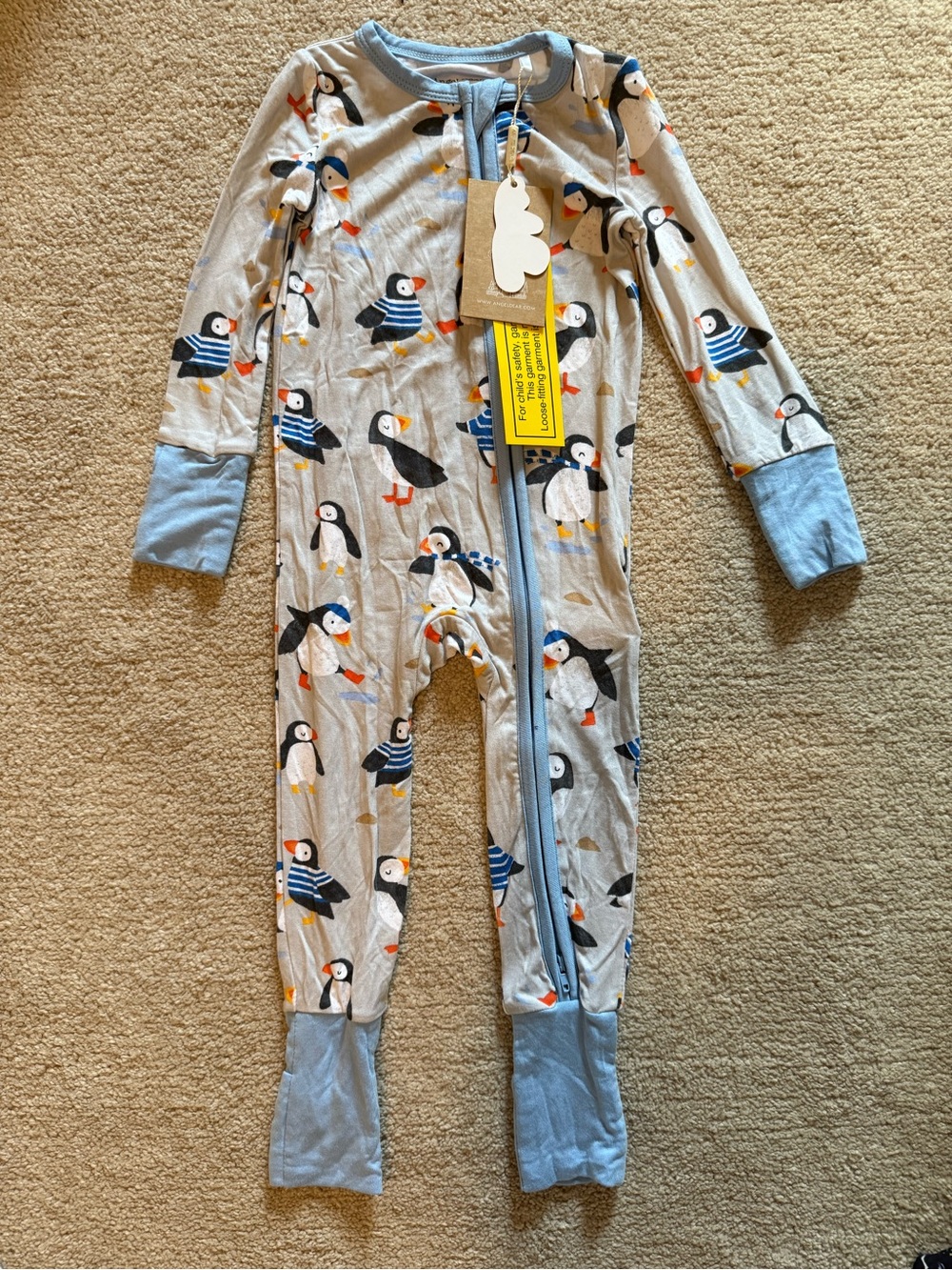Angel Dear 6-12m Gray Penguin Print Footed Pajama with Blue Trim